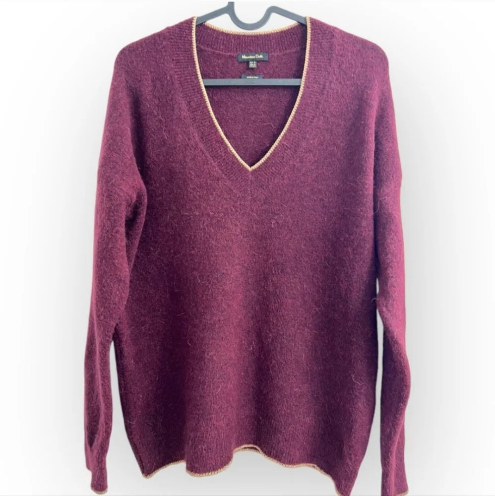 Massimo Dutti Preppy Burgundy Wool V neck Sweater oversized gold Metallic Trim M
